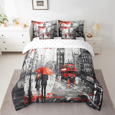 Feelyou Famous Big Ben Bed in a Bag Retro London Bedding Set Telephone Booth Comforter Set Queen Size 7 Pieces Red Gray UK Cityscape Bed Set with Comforter, Sheet Set, Pillowcases, Pillow Covers