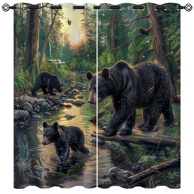 XINBADU Black Bear Blackout Curtains for Girls Boy Home Decor, Forest Animal Woodland Hunting Nature Grommet Thermal Insulated Drapes Darkening Window Curtain for Bedroom Living Room, 55 x 63 Inch