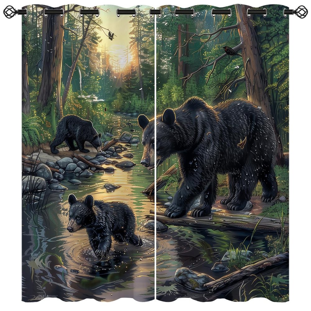 XINBADU Black Bear Blackout Curtains for Girls Boy Home Decor, Forest Animal Woodland Hunting Nature Grommet Thermal Insulated Drapes Darkening Window Curtain for Bedroom Living Room, 55 x 63 Inch