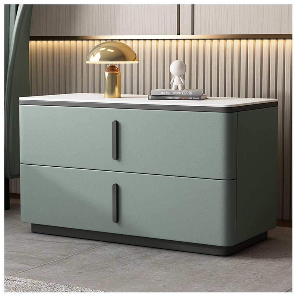 AOKLEY Large Nightstand, Minimalist Bedside Table with 2 Solid Wood Drawer, Night Stands with Microfiber Leather, End Table for Bedroom,Green,19.6 * 15.7 * 19.6in