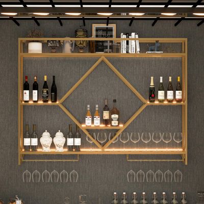 3-Tiers wall mounted metal wine holder,Modern Bar Floating wine rack with Led Lights,Industrial Iron Wine Shelf With Wine Glass Holder,Large Liquor Bar Display Shelf,Large-Capacity,For Kitchen,Bar(Gol