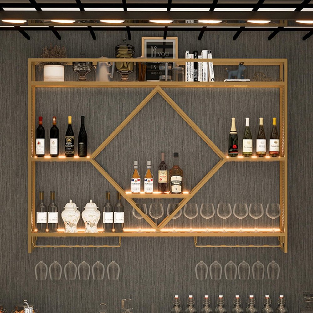 3-Tiers wall mounted metal wine holder,Modern Bar Floating wine rack with Led Lights,Industrial Iron Wine Shelf With Wine Glass Holder,Large Liquor Bar Display Shelf,Large-Capacity,For Kitchen,Bar(Gol
