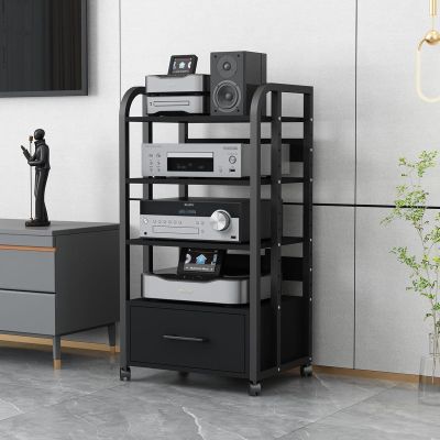 3/4/5 Tier AV Audio-Video Media Stand with Adjustable Shelves, Home Stereo System Entertainment Components Cabinet for Gaming, Meeting, Living, Recording Room, Black(With Drawers-4 Tier 50X40X100CM)