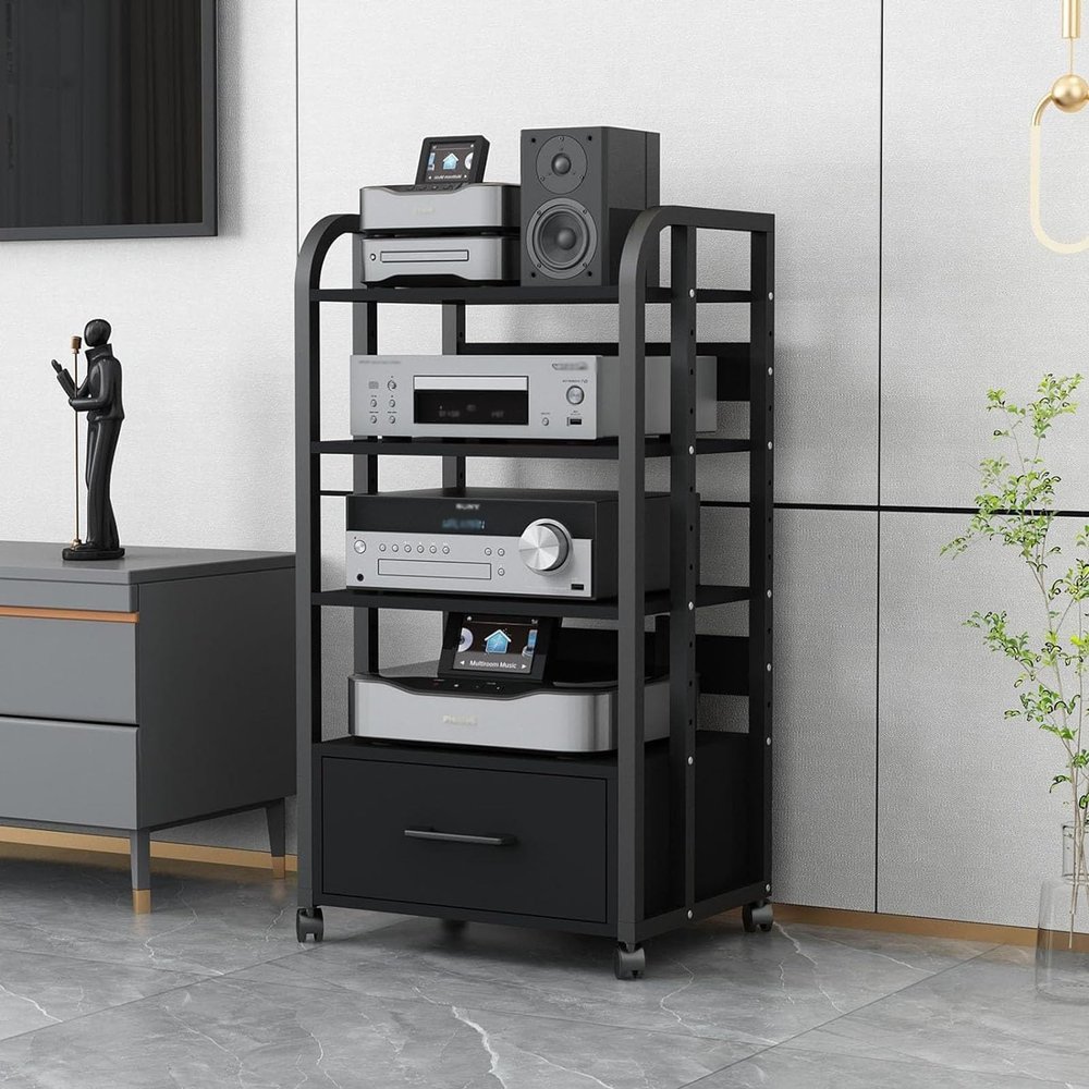 3/4/5 Tier AV Audio-Video Media Stand with Adjustable Shelves, Home Stereo System Entertainment Components Cabinet for Gaming, Meeting, Living, Recording Room, Black(With Drawers-4 Tier 50X40X100CM)
