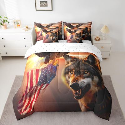 Manfei 7 Pieces Wolf Comforter Full Size, Flying Eagle American Flat Bed Set for Kids Boys Girls, Wild Animal Theme Bedding(1 Comforter,1 Fitted Sheet,1 Flat Sheet,2 Pillowcases,2 Throw Pillow Cover)