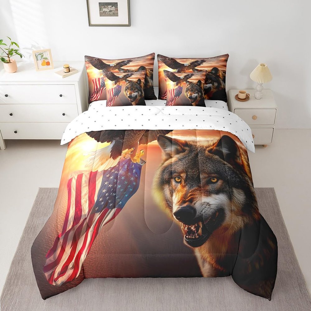 Manfei 7 Pieces Wolf Comforter Full Size, Flying Eagle American Flat Bed Set for Kids Boys Girls, Wild Animal Theme Bedding(1 Comforter,1 Fitted Sheet,1 Flat Sheet,2 Pillowcases,2 Throw Pillow Cover)