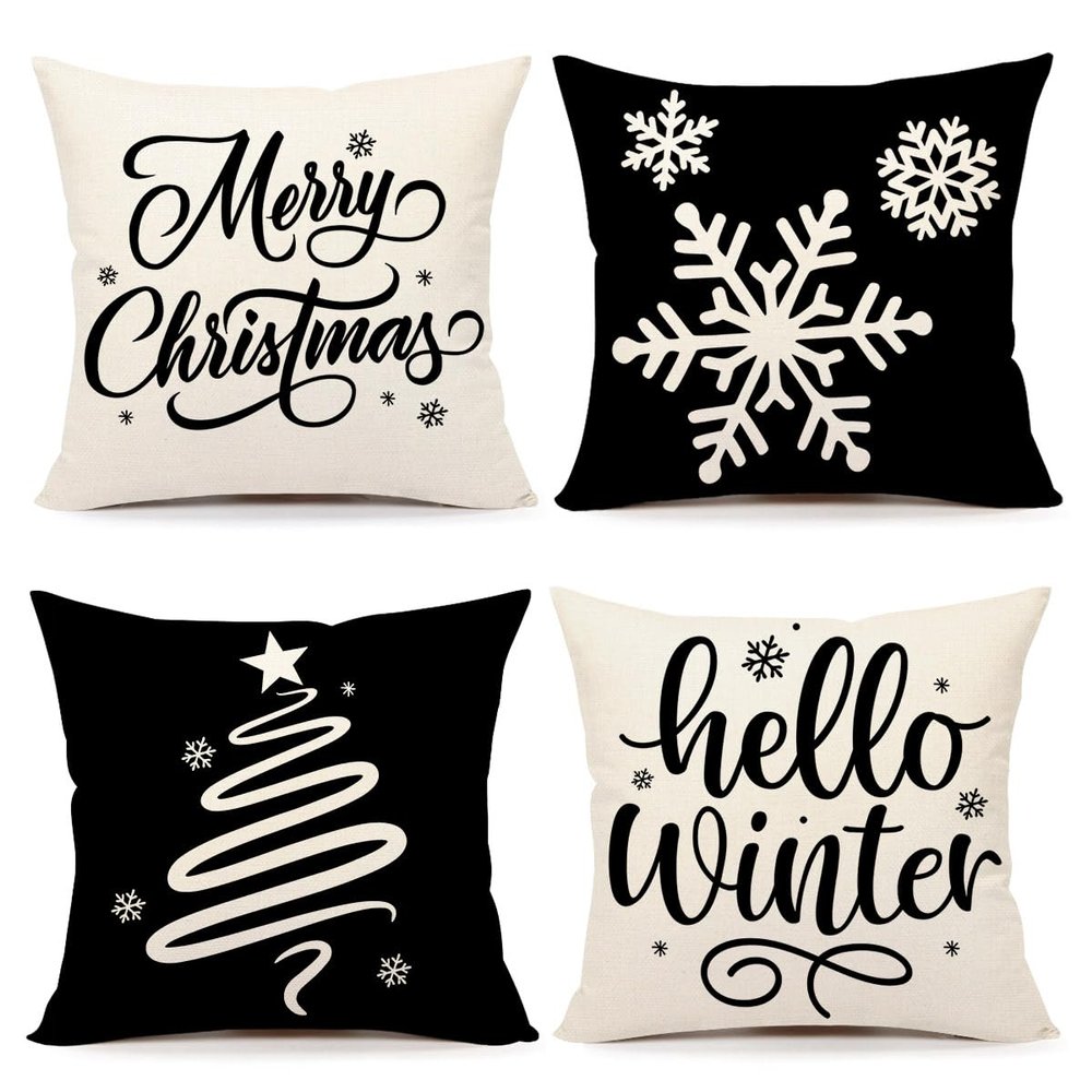 4TH Emotion Black Christmas Pillow Covers 18x18 Set of 4 Farmhouse Xmas Decorations Snowflake Hello Winter Holiday Decor Throw Cushion Case for Home Couch S24C15