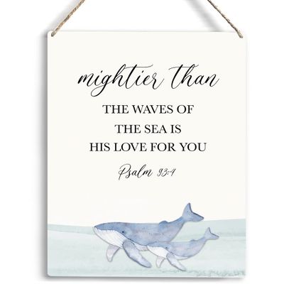 Accoter 8x10 inch Inspirational Nautical Ocean Whale Decor Mightier Than The Waves of The Sea Psalm 93:4 Wooden Hanging Sign Gift for Baby Kids Girl Boy Nursery Teen Room Bible Verse Wall Art