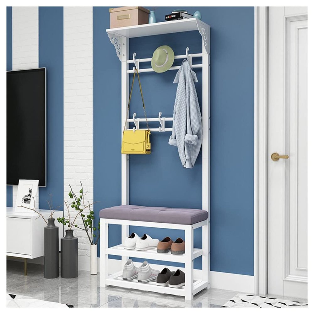 MIIKHI Heavy Clothes Rails Metal Coat Rack Standing, Inrial Entryway Coat Tree with 2-Tier Shoe Rack and Shoe Bench, for Hallway/White B/100Cm (White B 80Cm)