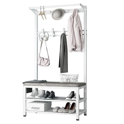 MIIKHI Coat Rack Shoe Bench Hallway Coat Stand Freestanding Hanger with Shoe Rack Bench, 11 Hooks, Anti-tip Kits Rust-Proof Metal Frame, for The Family Bedroom Hall (White Gray 80cm)