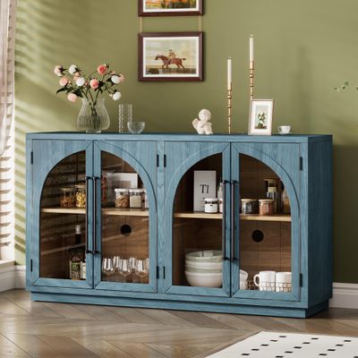 JIVOIT Retro Style Sideboard with Adjustable Shelves, 4-Door Large Storage Cabinet with Metal Handles and Glass Doors, Wood Coffee Bar Cabinet Buffet Table for Dining Room, Living Room (Navy * 299)