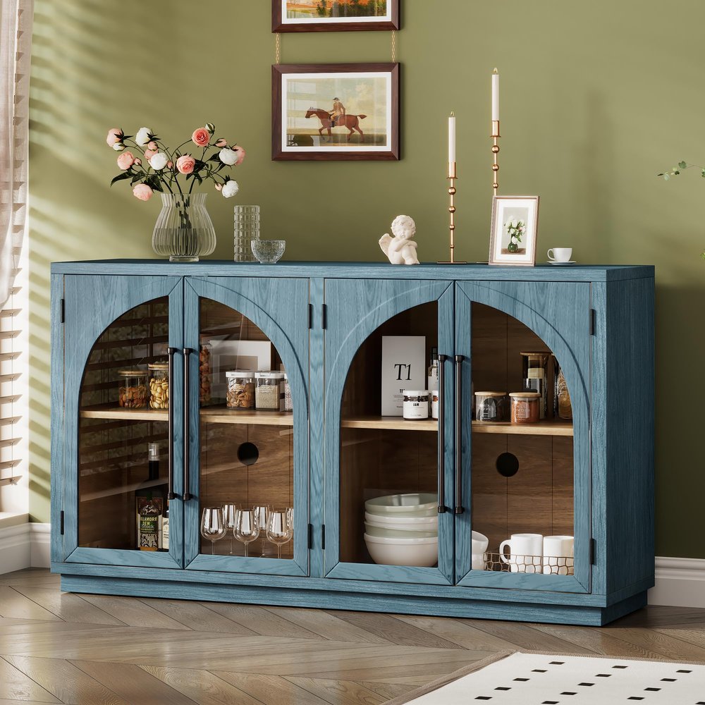 JIVOIT Retro Style Sideboard with Adjustable Shelves, 4-Door Large Storage Cabinet with Metal Handles and Glass Doors, Wood Coffee Bar Cabinet Buffet Table for Dining Room, Living Room (Navy * 299)
