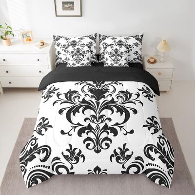 Erosebridal Baroque Damask Bed in A Bag 7 Piece Black White Gothic Boho Floral Queen Bedding Set with Sheets Abstract Geometric Flowers Comforter Set European Victorian Reversible Bed Set