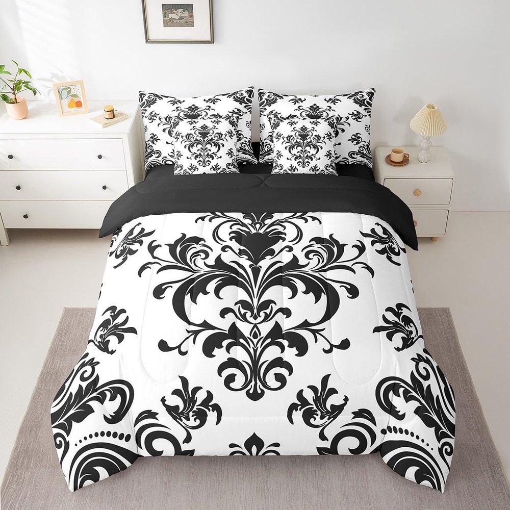 Erosebridal Baroque Damask Bed in A Bag 7 Piece Black White Gothic Boho Floral Queen Bedding Set with Sheets Abstract Geometric Flowers Comforter Set European Victorian Reversible Bed Set