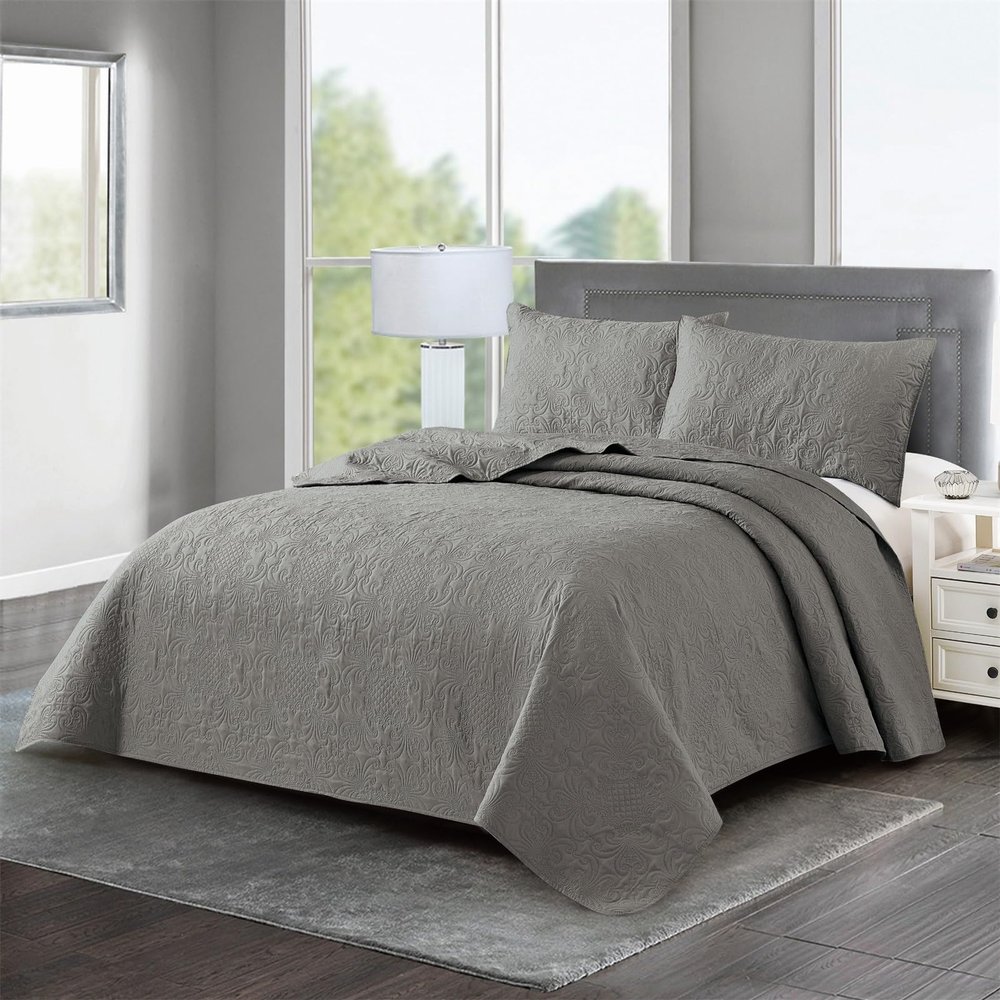 BQUJSML Quilted Bedspread Throw-King with Pillow Shams Reversible Embossed Double Throws Coverlet Soft Lightweight Quilt Bedspread Machine Washable for Bedding Decor(Grey,220 * 240cm)