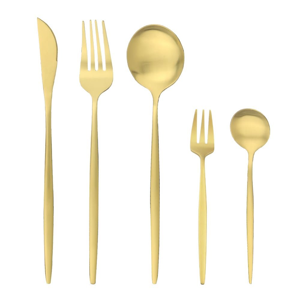 5/20/30/40/50/60 Pieces Creative Stainless Steel Cutlery Set, Matte Pink Silver Fruit Fork, Stainless Steel Cutlery Five-piece Set(Gold,12Set-60Pcs)