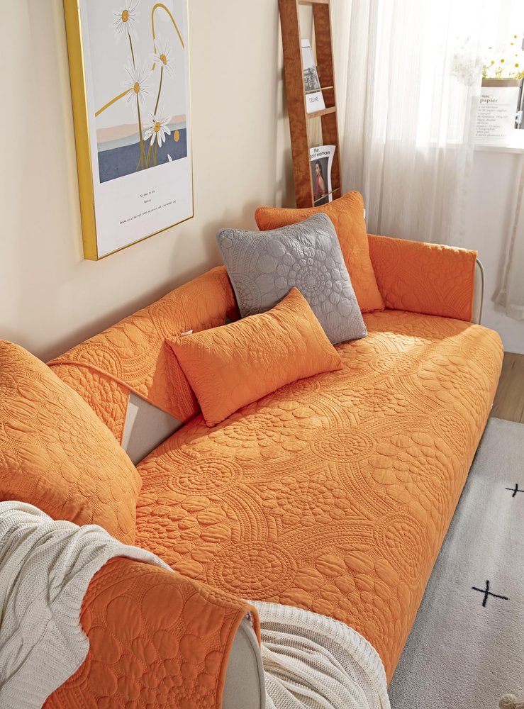 Huierxun Circle Cotton Embroidery Sofa Cover Soft Farmhouse Seat Cushion Cover Quilted Sectional Couch Cover Anti-Slip Sofa Slipcovers Washable Furniture Protector for Dogs Cats Kids (OrangeA,28"x59")