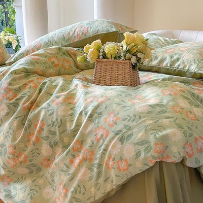 SRURLLUG Floral Duvet Cover Queen Cozy Cotton Bedding Set, Soft Breathable Comforter Cover 4 Piece, with Fresh Flower Pattern Zipper Closure All Season,Green,Queen