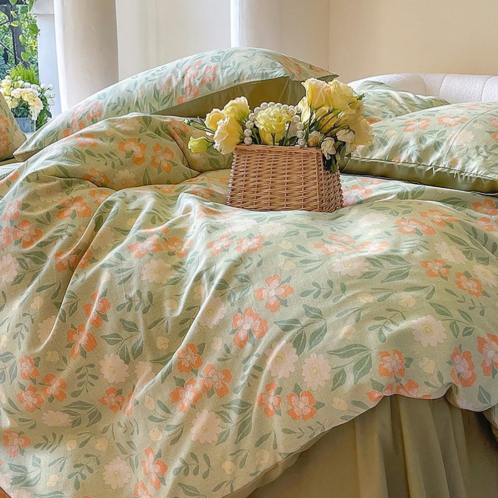 SRURLLUG Floral Duvet Cover Queen Cozy Cotton Bedding Set, Soft Breathable Comforter Cover 4 Piece, with Fresh Flower Pattern Zipper Closure All Season,Green,Queen