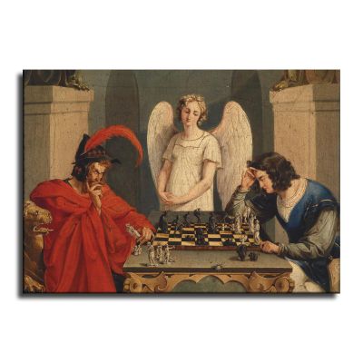 Faust and Mephistopheles Playing Chess Poster Canvas Wall Art Living Room Wall Art Bedroom Wall Decor Printins (16x24inch-Framed)