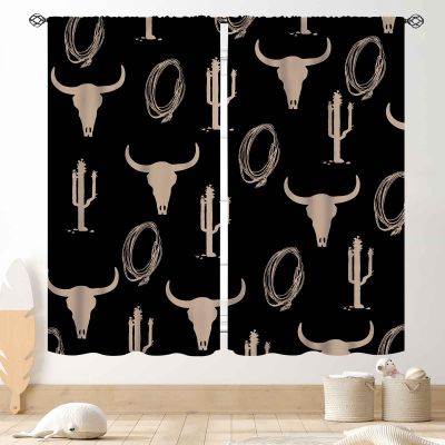 Western Curtains, Rustic Cowboys Southwest Tribal Cow Print Cactus Bull Skull Farmhouse Country Blackout Window Drapery Treatments for Bedroom Living Room Kitchen 2 Panels Set, 84"x63" Inch