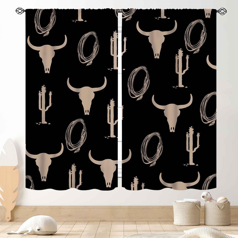 Western Curtains, Rustic Cowboys Southwest Tribal Cow Print Cactus Bull Skull Farmhouse Country Blackout Window Drapery Treatments for Bedroom Living Room Kitchen 2 Panels Set, 84"x63" Inch