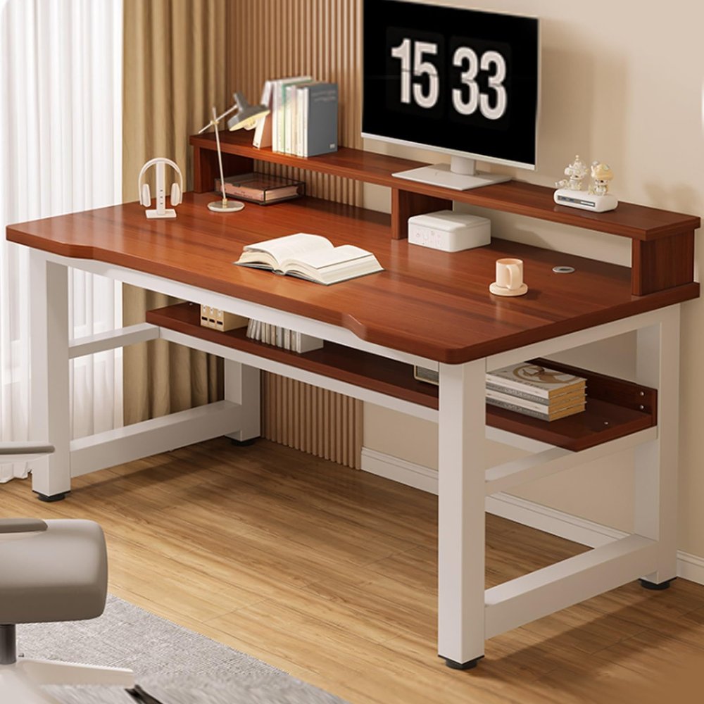 Computer Desk with Storage, Desk with Monitor Stand, 3 Layers Modern Study Writing Desk, Computer Desk for Dormitory, Bedroom, Office, 33.5in Desktop Height