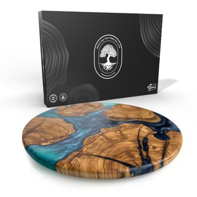 Handmade Olive Wood Round Resin Cheese & Charcuterie Board  Circular Decorative Epoxy Cutting Board with Unique Blue Resin Artwork, Ocean Oasis Design