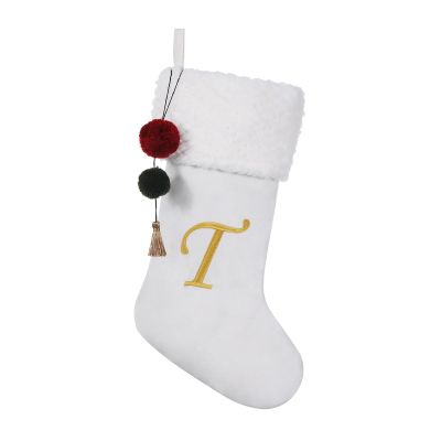 Pxniy 19.5 inches Personalized Velvet Christmas Stocking,Initials Embroidered Letter Christmas Stocking with pom poms, for Fireplace Hanging Decor and Xmas Gift(White T)