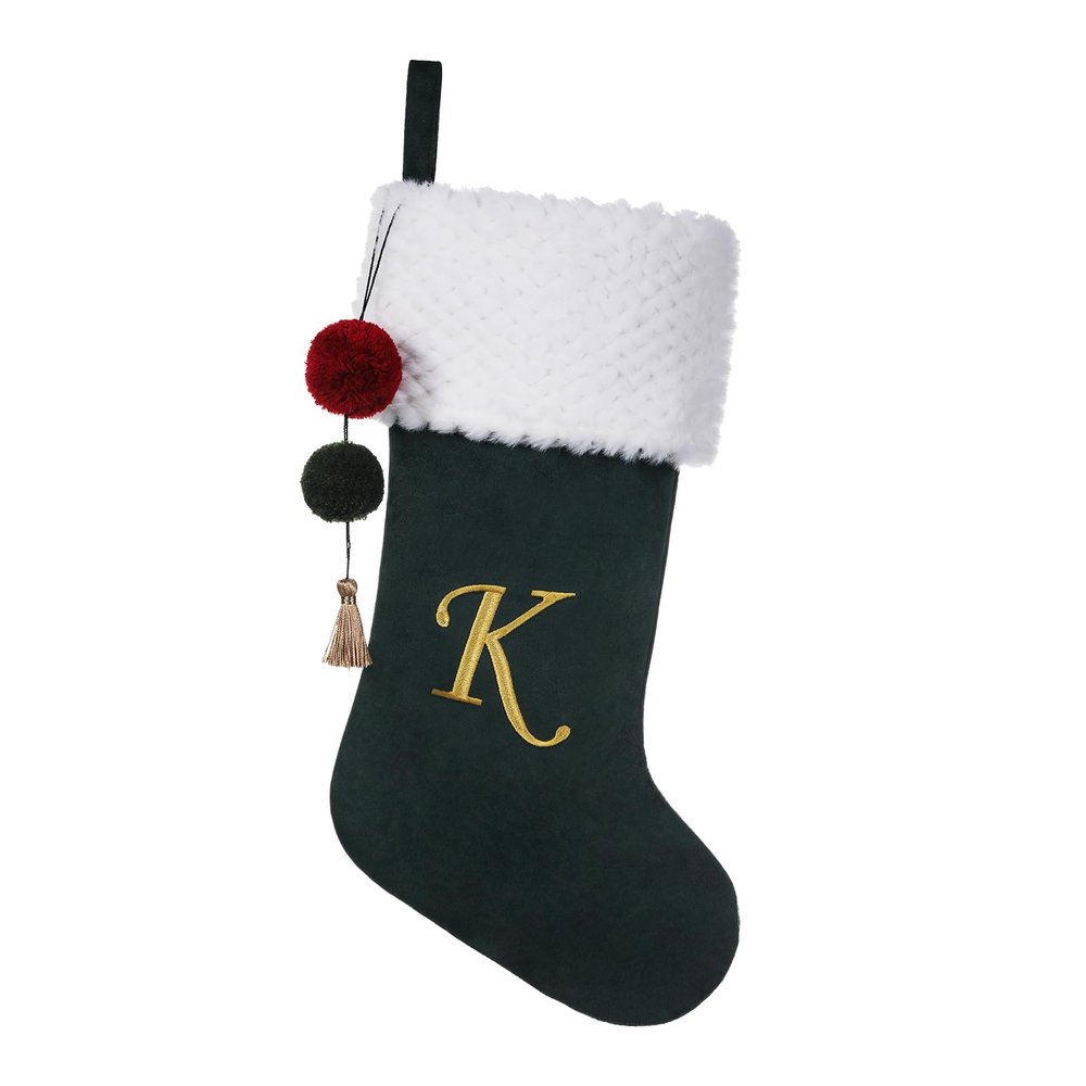 Pxniy 19.5 inches Personalized Velvet Christmas Stocking,Initials Embroidered Letter Christmas Stocking with pom poms, for Fireplace Hanging Decor and Xmas Gift(Green K)