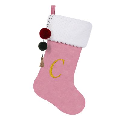 Pxniy 19.5 inches Personalized Velvet Christmas Stocking,Initials Embroidered Letter Christmas Stocking with pom poms, for Fireplace Hanging Decor and Xmas Gift(Pink C)