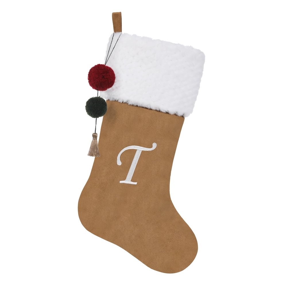 Pxniy 19.5 inches Personalized Velvet Christmas Stocking,Initials Embroidered Letter Christmas Stocking with pom poms, for Fireplace Hanging Decor and Xmas Gift(Gold T)
