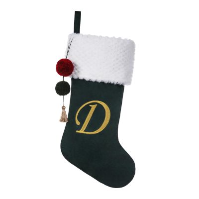 Pxniy 19.5 inches Personalized Velvet Christmas Stocking,Initials Embroidered Letter Christmas Stocking with pom poms, for Fireplace Hanging Decor and Xmas Gift(Green D)