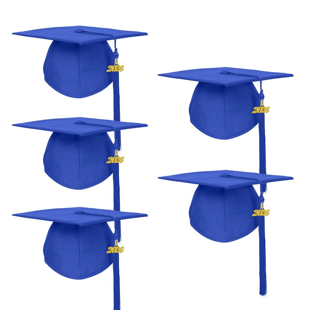 Matte Royal Blue Graduation Cap with 2026 Year Charm Adult Unisex