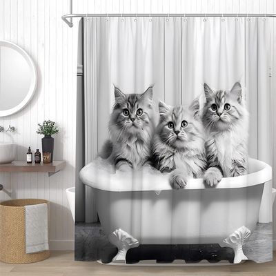 YSSFAV Funny Cat Shower Curtain Cute Animals in Bathtub Modern Creative Grey Bathroom Decor Curtains Set with Hooks, 67" W x 70" H