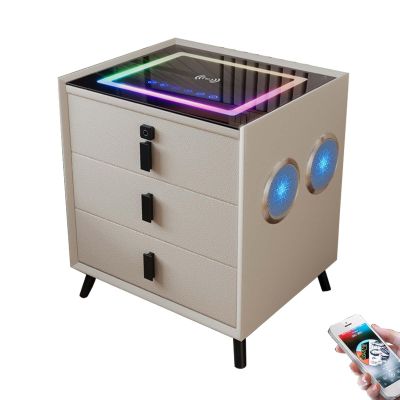 TBQATNTS LED Nightstand with 4 Speakers and Fingerprint Lock, Modern Nightstand with Wireless Charging and USB Ports, 3-Tier Bed Side Table, Night Stand for Bedroom, Living Room,White