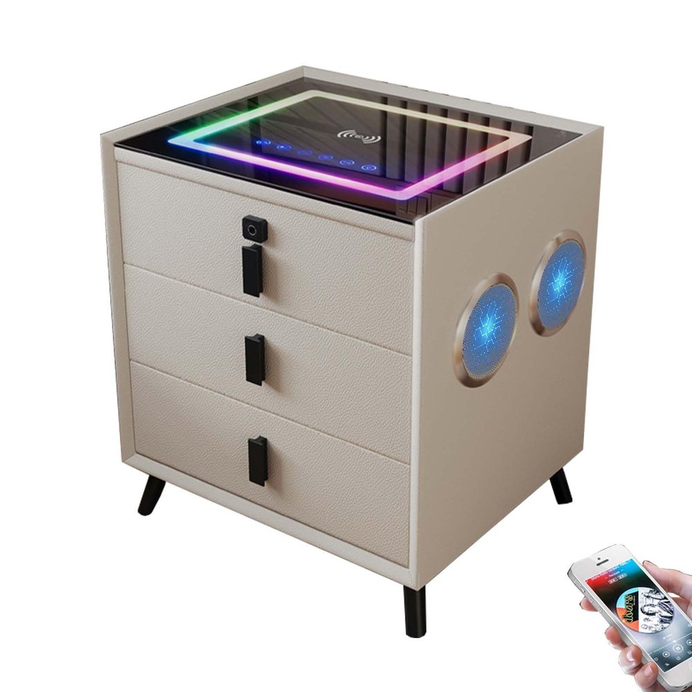 TBQATNTS LED Nightstand with 4 Speakers and Fingerprint Lock, Modern Nightstand with Wireless Charging and USB Ports, 3-Tier Bed Side Table, Night Stand for Bedroom, Living Room,White