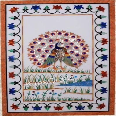 15 x 30 Inches Rectangle White Marble Wall Highligter Peaocok Pattern Inlay Work Coffee Table Top for Office and Hotel