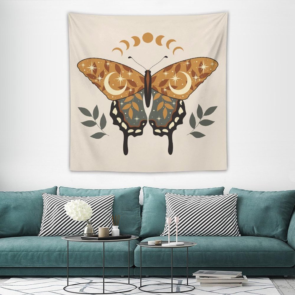 HZOHNAGO Moth Tapestry Mid Century Boho Moon Purple Green Leaves Moth Pattern Printed Tapestry Wall Hanging for Bedroom Living Room Dorm 60" W x 60" H