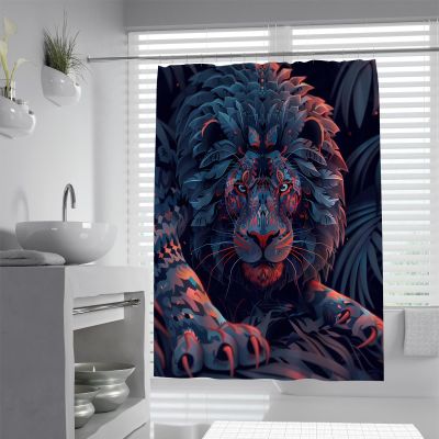 Abstract Lion Animal Shower Curtain for Bathroom Dark Blue Wet Room Shower Curtains Quick Dry Bath Curtain Set with Hooks W66xL66in