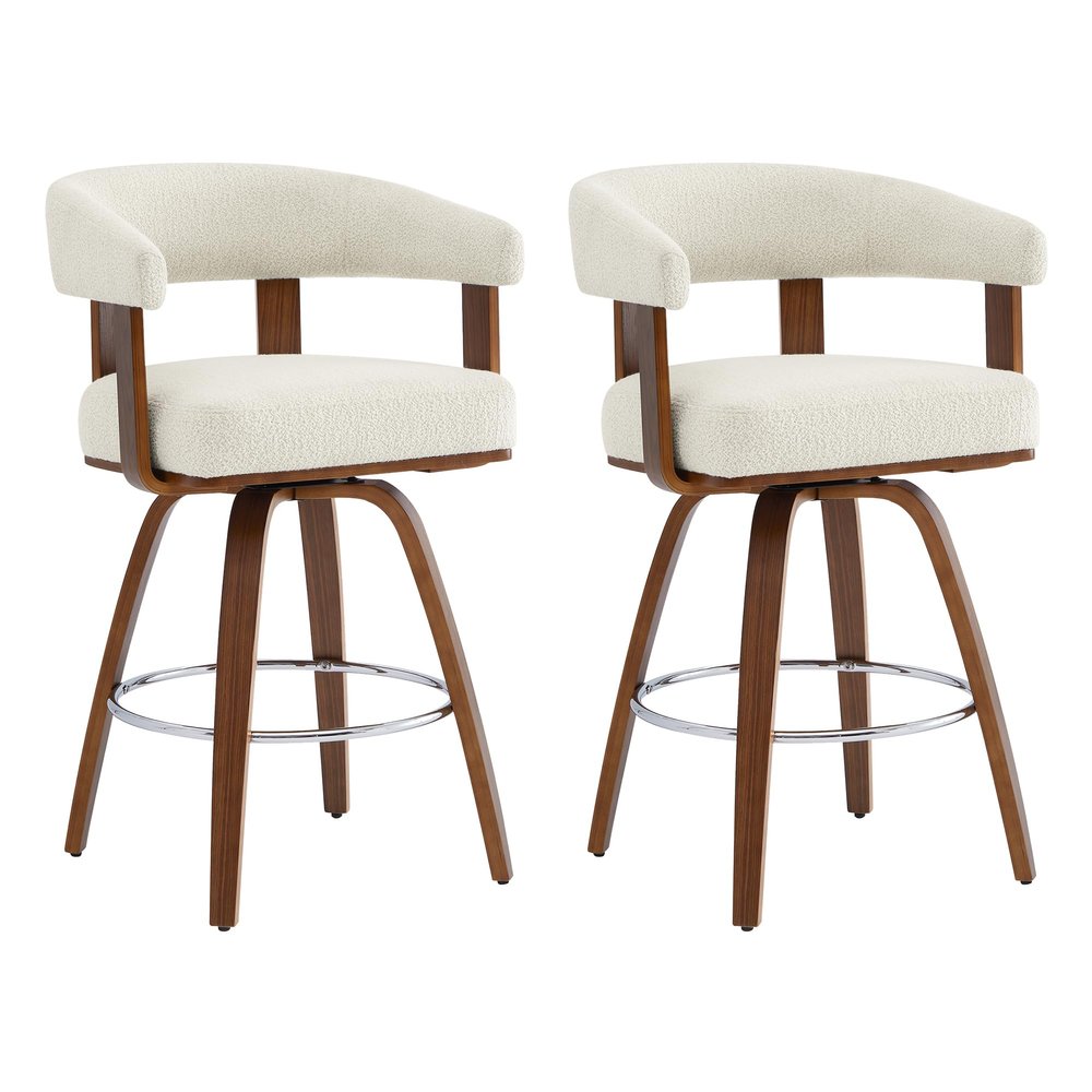 CHITA Swivel Counter Height Barstools Set of 2, FSC Certified Polyester Upholstered Bar Stools with Back and Armrest for Kitchen Island Home Bar, 27" Seat Height, Cream with Walnut Frame