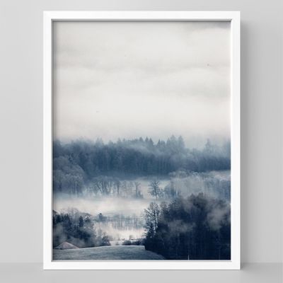 SIGNLEADER Framed Wall Art Print Misty Cloud Blue Mountain Range Valley Nature Illustration Decorative Country/Farmhouse Rustic Cozy Zen for Living Room, Bedroom, Office - 11"x14" White