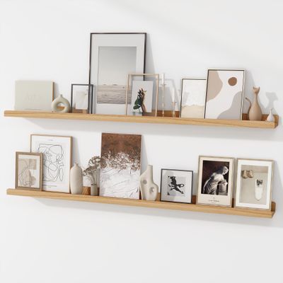 FLYJOE Picture Ledge Shelf | 55 Inch Wood Floating Shelves Set of 2 | Natural Wood Wall Shelves with Lip | Picture Shelf for Wall with Ledge | Photo Ledge Shelves