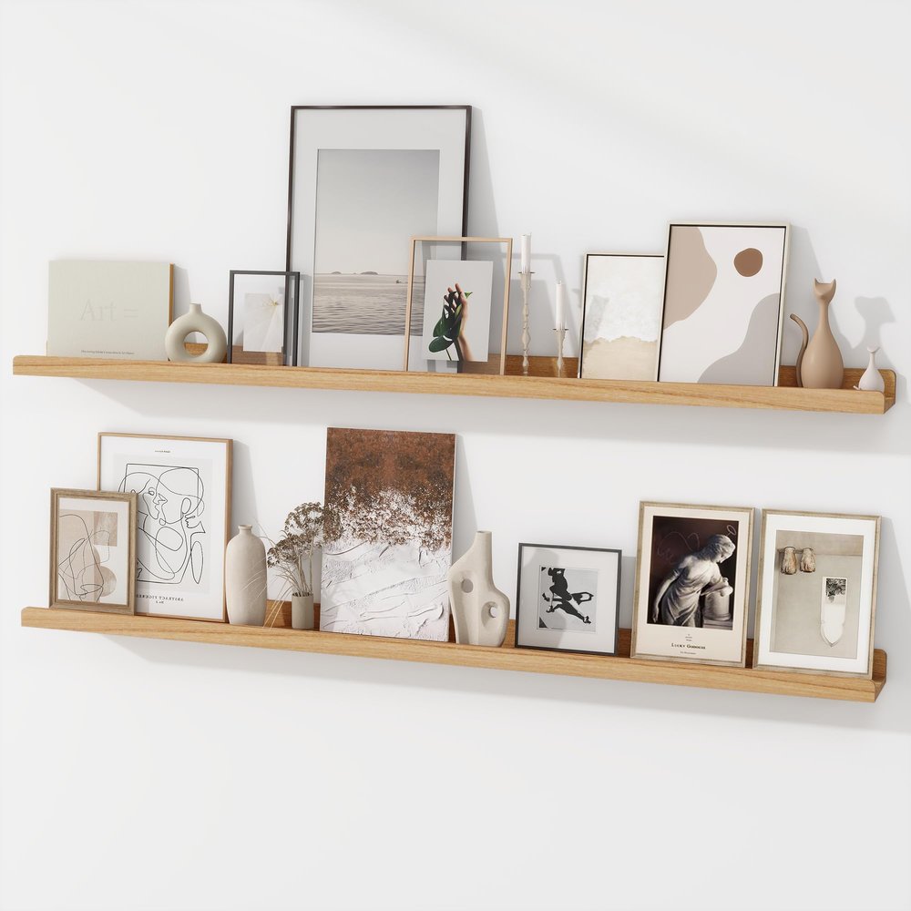 FLYJOE Picture Ledge Shelf | 55 Inch Wood Floating Shelves Set of 2 | Natural Wood Wall Shelves with Lip | Picture Shelf for Wall with Ledge | Photo Ledge Shelves