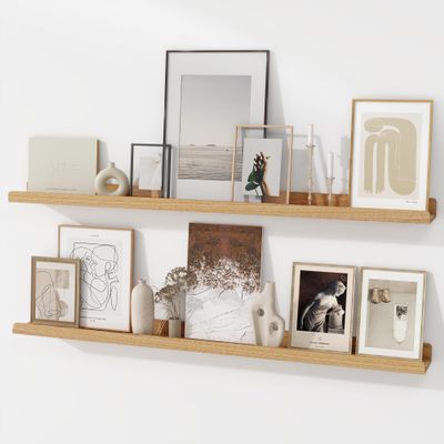 FLYJOE Picture Ledge Shelf | 48 Inch Floating Shelves Set of 2 | Natural Wood Wall Shelves with Lip | Wooden Picture Shelf for Wall with Ledge | Photo Ledges