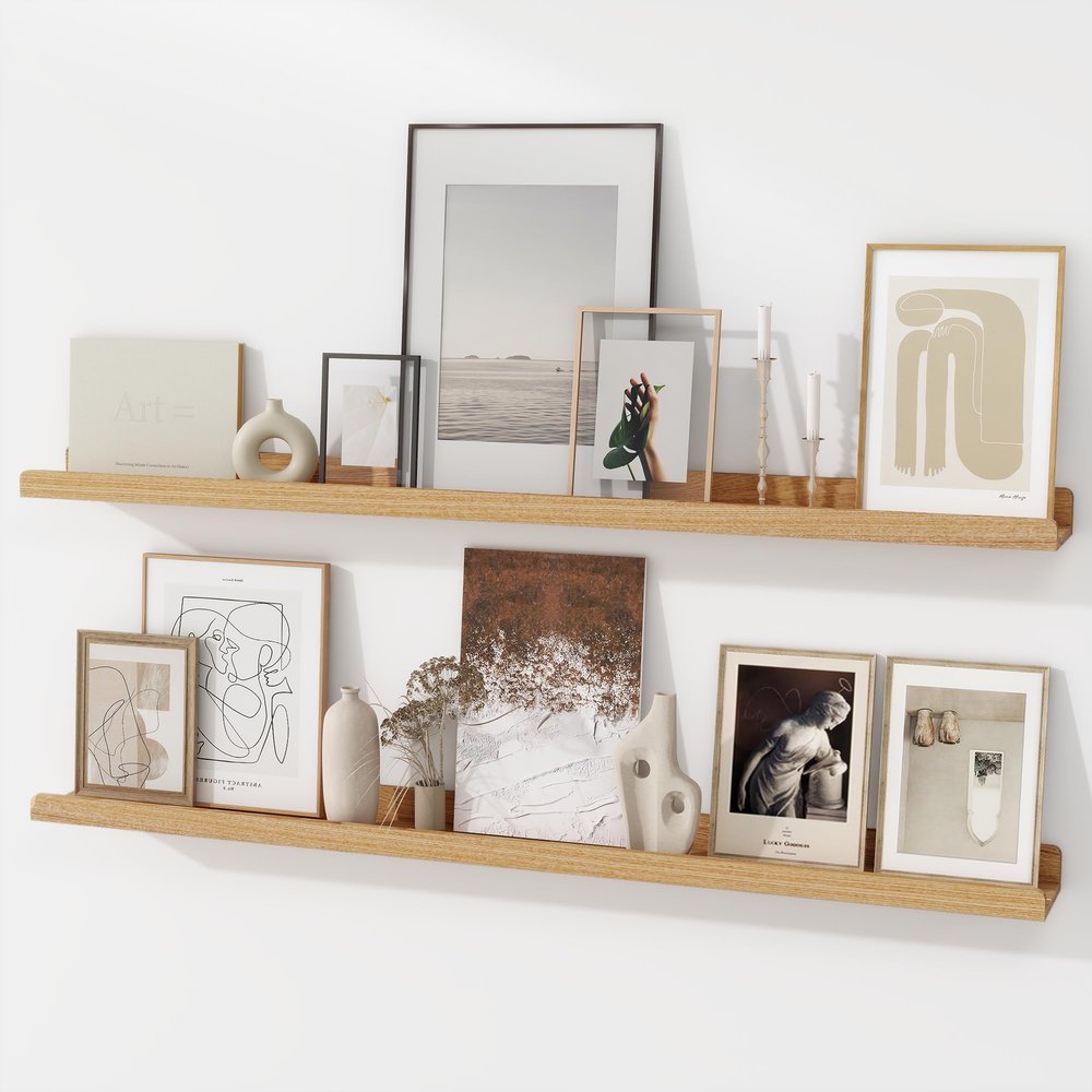 FLYJOE Picture Ledge Shelf | 48 Inch Floating Shelves Set of 2 | Natural Wood Wall Shelves with Lip | Wooden Picture Shelf for Wall with Ledge | Photo Ledges