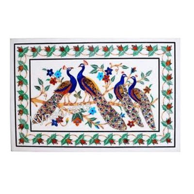 24 x 36 Inches Nature Pattern Inlay Work Coffee Table Top Rectangle Shape White Marble Back Splash for Meeting Room Decor