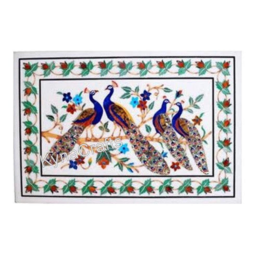 24 x 36 Inches Nature Pattern Inlay Work Coffee Table Top Rectangle Shape White Marble Back Splash for Meeting Room Decor