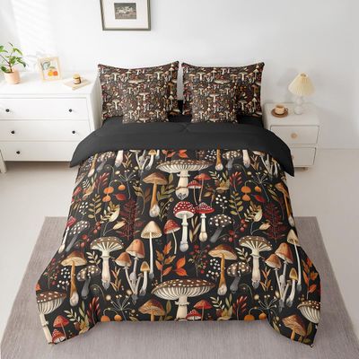 Feelyou Mushroom Decor Comforter Set with Sheets 7 Piece for Girls Boys Kids Queen Kawaii Fungus Bed in a Bag Room Decorative Botanical Leaf Print Bedding Set Wild Mushroom Stuff Bed Set,No Conforter