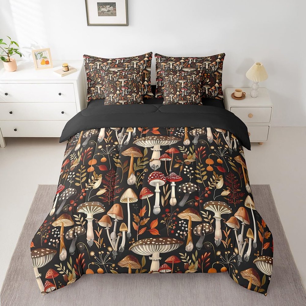 Feelyou Mushroom Decor Comforter Set with Sheets 7 Piece for Girls Boys Kids Queen Kawaii Fungus Bed in a Bag Room Decorative Botanical Leaf Print Bedding Set Wild Mushroom Stuff Bed Set,No Conforter